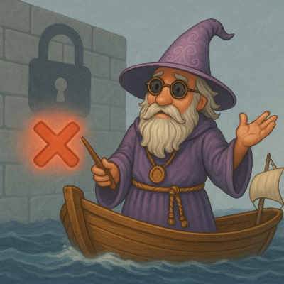 Wizard faces a wall as a soft red X glows.